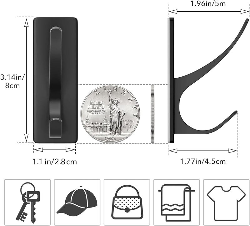 pickpiff Self Adhesive Coat Hooks for Hanging: Heavy Duty Stainless Wall Hook for Towel, Backpack, Hat, Sturdy Metal Hanger for Bathroom, Bedroom, Door, 4-Pack, Matt Black - Image 3